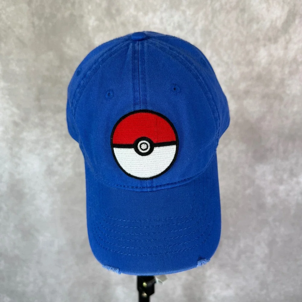 Pokémon Baseball Cap Men OSFM Blue Solid Pokéball Embroidered Distressed Hat
